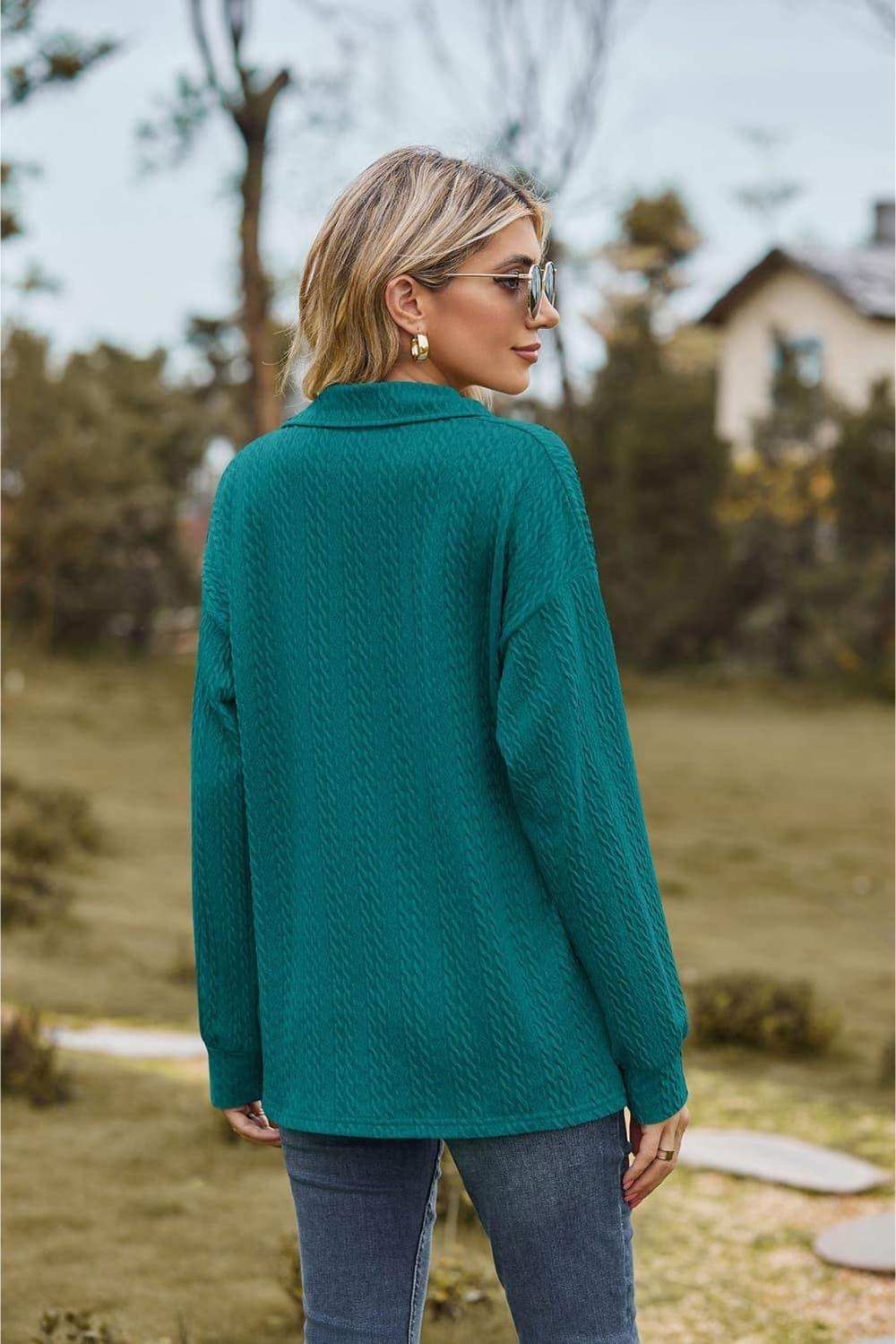 Collared Neck Cable-Knit Long Sleeve Blouse - Trendsi - Flyclothing LLC