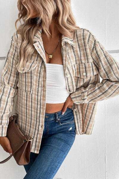 Pocketed Button Up Collared Neck Jacket - Trendsi - Flyclothing LLC