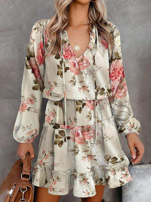 Printed Tie Neck Long Sleeve Dress - Trendsi - Flyclothing LLC