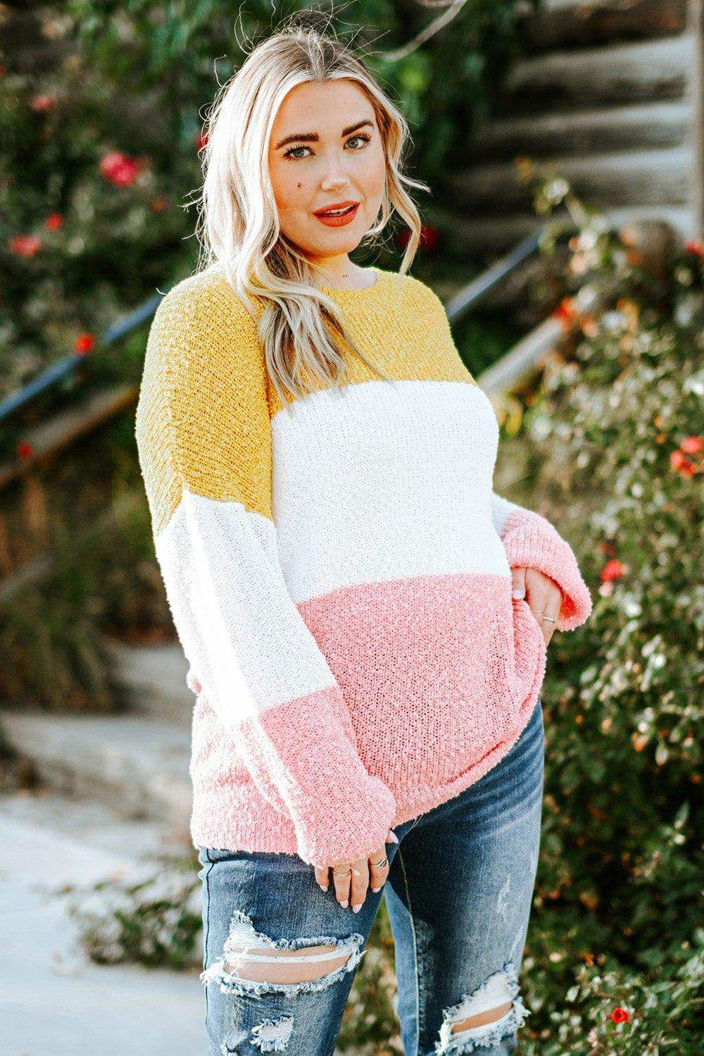 Plus Size Color Block Round Neck Sweater - Trendsi - Flyclothing LLC