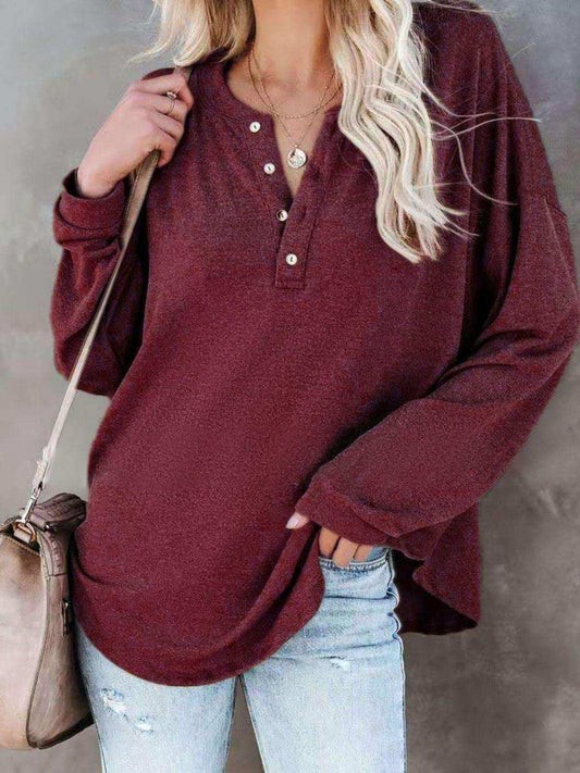 Buttoned Drop Shoulder Top - Trendsi - Flyclothing LLC