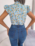 Floral Tie Neck Flutter Sleeve Blouse - Trendsi - Flyclothing LLC