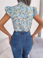 Floral Tie Neck Flutter Sleeve Blouse - Trendsi