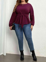 Plus Size Tie Front Long Sleeve Blouse - Trendsi