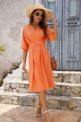 Notched Neck Half Sleeve Midi Dress - Trendsi