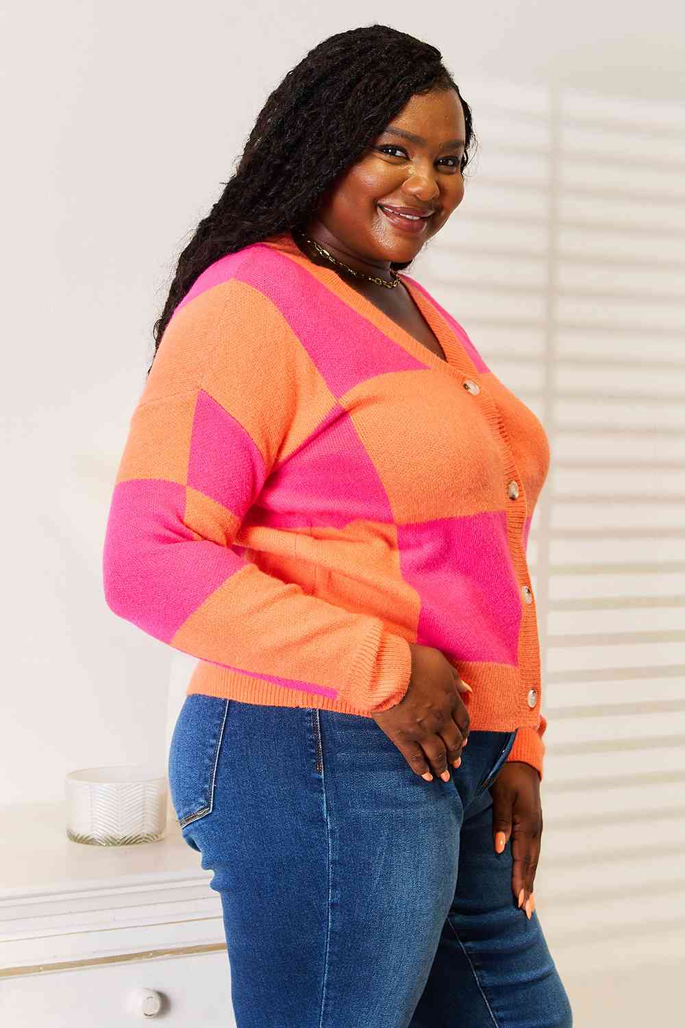 Woven Right Checkered V-Neck Dropped Shoulder Cardigan - Trendsi - Flyclothing LLC
