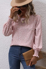 Printed Round Neck Lantern Sleeve Blouse - Trendsi