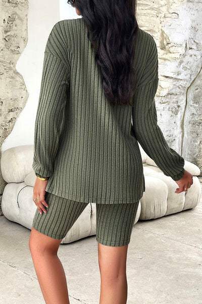 Ribbed Round Neck Dropped Shoulder Top and Shorts Set - Trendsi - Flyclothing LLC