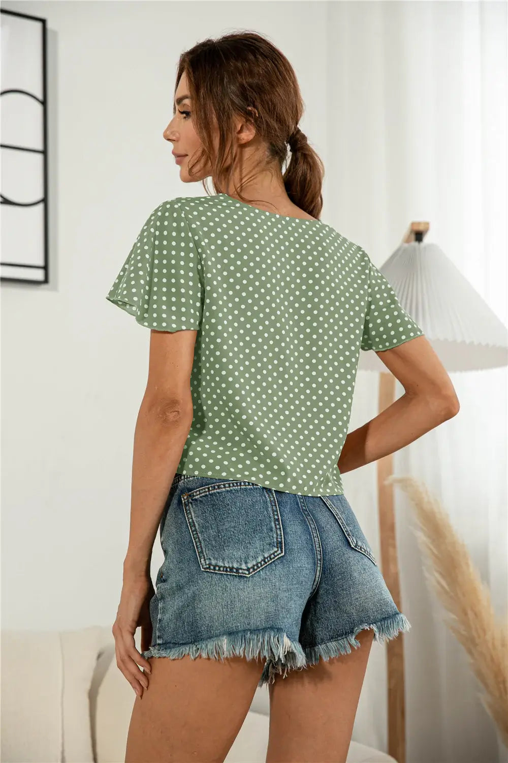 Decorative Button V-Neck Tied Blouse - Trendsi - Flyclothing LLC
