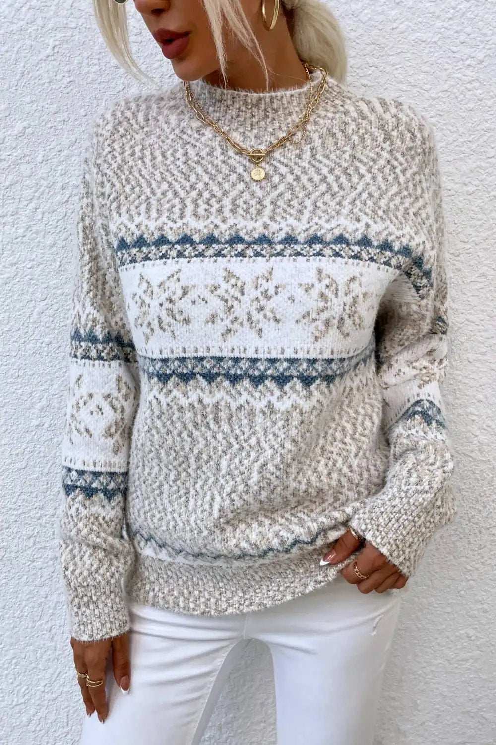 Snowflake Pattern Mock Neck Sweater - Trendsi - Flyclothing LLC