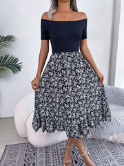 Printed Off-Shoulder Ruffle Hem Dress - Trendsi