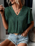 Animal Print V-Neck Flutter Sleeve Blouse - Trendsi