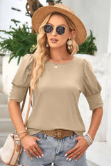 Round Neck Lantern Sleeve Blouse - Trendsi - Flyclothing LLC