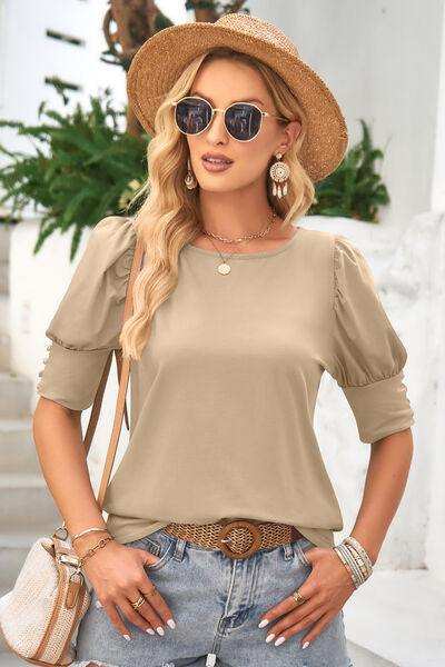 Round Neck Lantern Sleeve Blouse - Trendsi - Flyclothing LLC