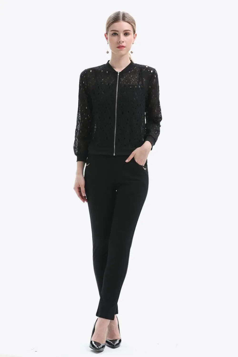 Openwork Zip Up Jacket - Trendsi - Flyclothing LLC