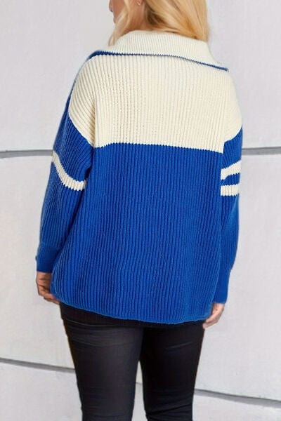 Quarter Zip Striped Dropped Shoulder Sweater - Trendsi