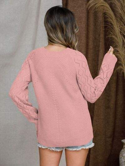 Openwork Round Neck Raglan Sleeve Sweater - Trendsi - Flyclothing LLC