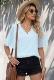 Swiss Dot Lace Trim Flutter Sleeve V-Neck Blouse - Trendsi