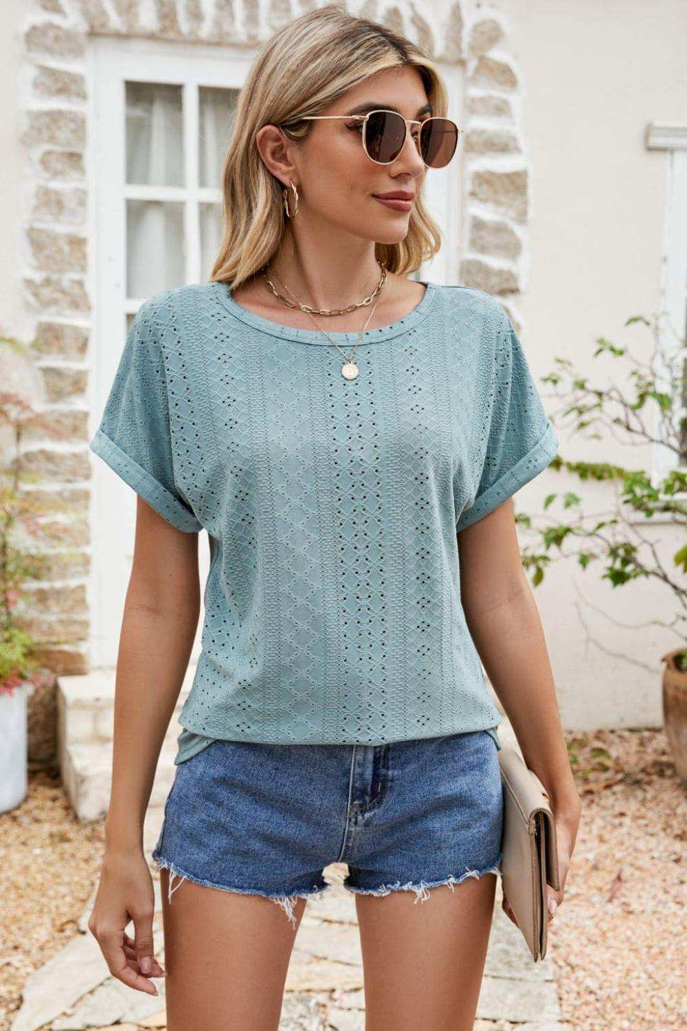 Full Size Round Neck Eyelet Short Sleeve Top - Trendsi - Flyclothing LLC