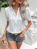 Swiss Dot Buttoned Puff Sleeve Blouse - Trendsi