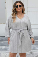 Plus Size Ribbed Tie Front Long Sleeve Sweater Dress - Trendsi - Flyclothing LLC