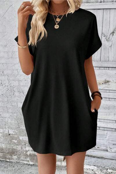 Pocketed Round Neck Short Sleeve Dress - Trendsi - Flyclothing LLC