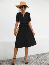 Tied Notched Short Sleeve Dress - Trendsi - Flyclothing LLC