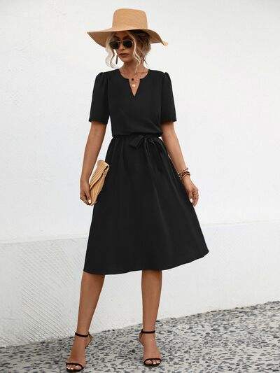 Tied Notched Short Sleeve Dress - Trendsi - Flyclothing LLC