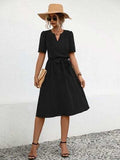 Tied Notched Short Sleeve Dress - Trendsi - Flyclothing LLC