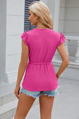 Eyelet Notched Cap Sleeve Blouse - Trendsi - Flyclothing LLC