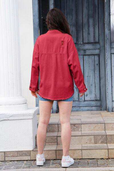Distressed Button Up Raw Hem Denim Jacket - Trendsi - Flyclothing LLC