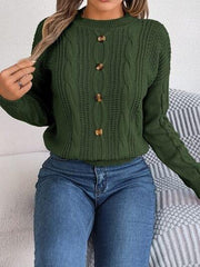 Cable-Knit Buttoned Round Neck Sweater - Trendsi