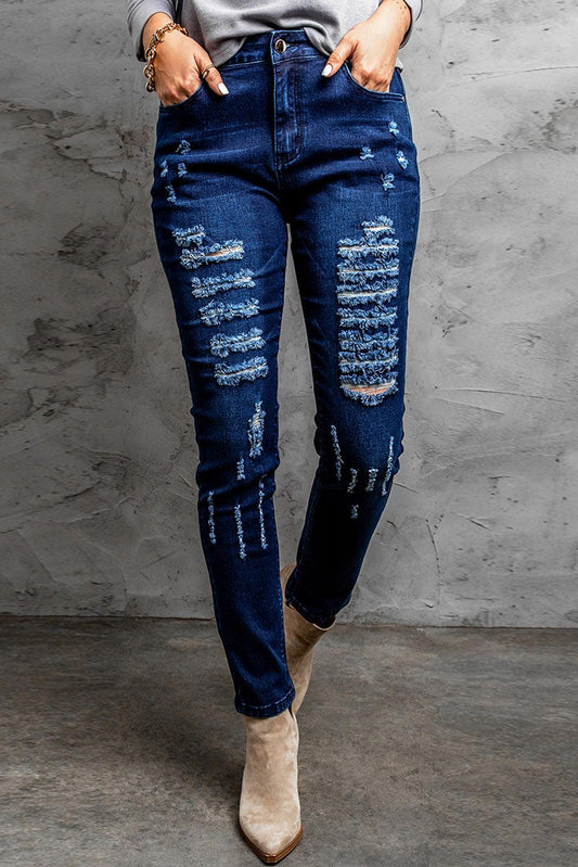 Mid-Rise Waist Distressed Skinny Jeans - Flyclothing LLC
