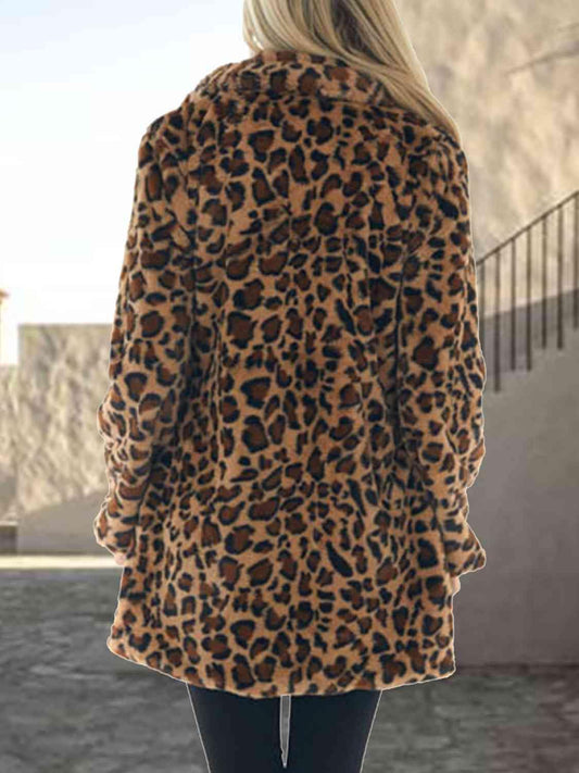 Leopard Collared Neck Coat with Pockets - Trendsi