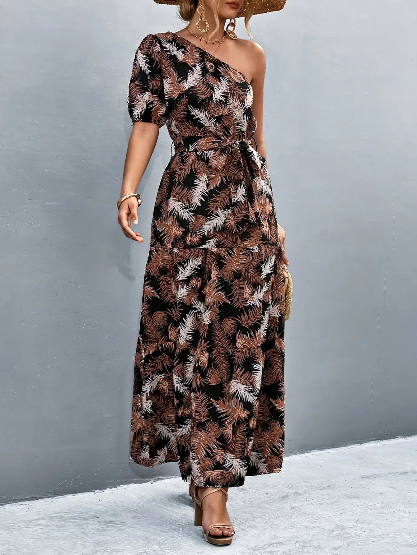 Printed Tie Waist One Shoulder Maxi Dress - Trendsi - Flyclothing LLC