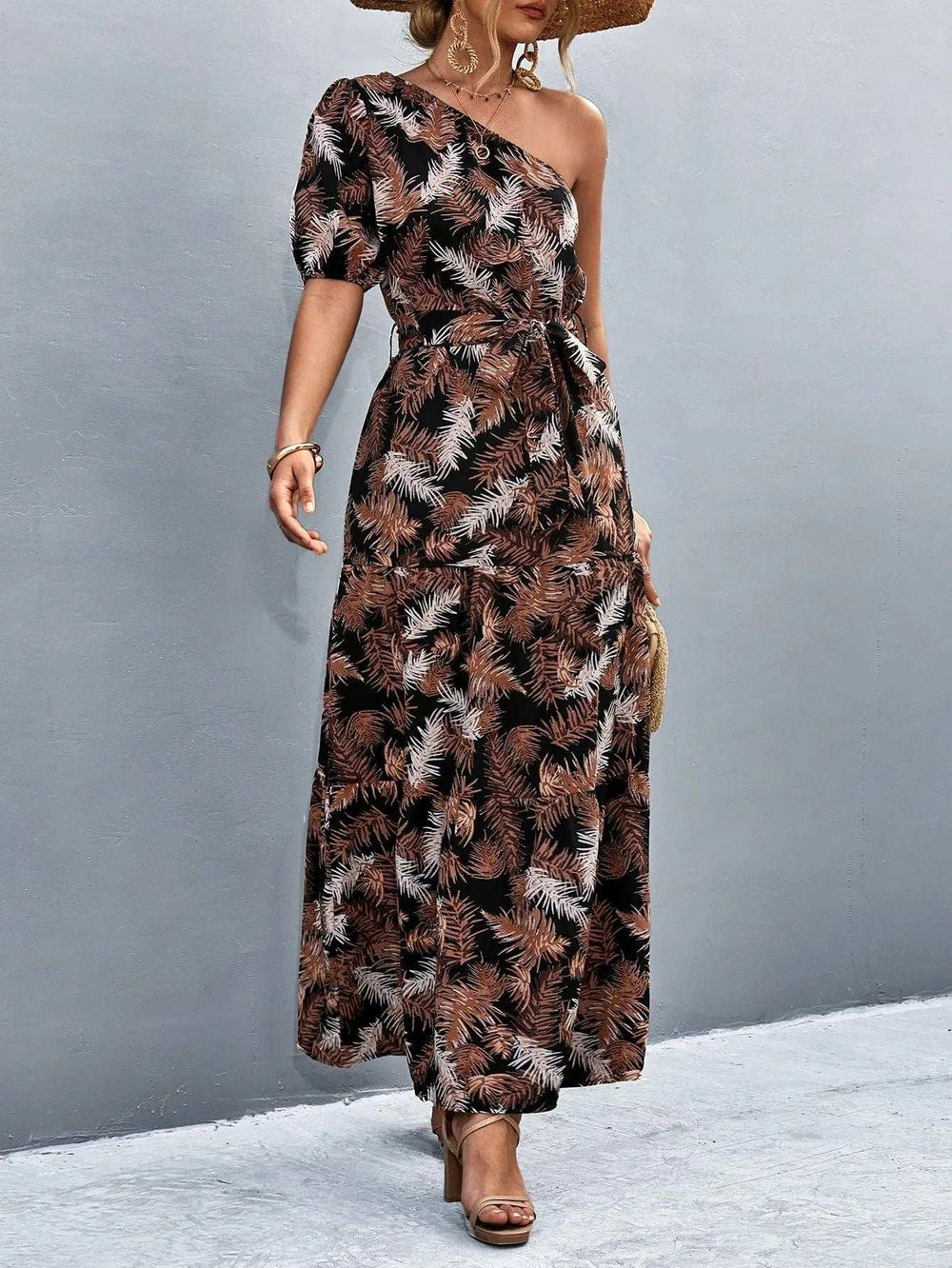 Printed Tie Waist One Shoulder Maxi Dress - Trendsi - Flyclothing LLC
