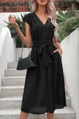 Tie Belt V-Neck Pleated Dress - Trendsi - Flyclothing LLC