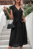 Tie Belt V-Neck Pleated Dress - Trendsi