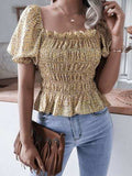Frill Smocked Square Neck Short Sleeve Blouse - Trendsi - Flyclothing LLC