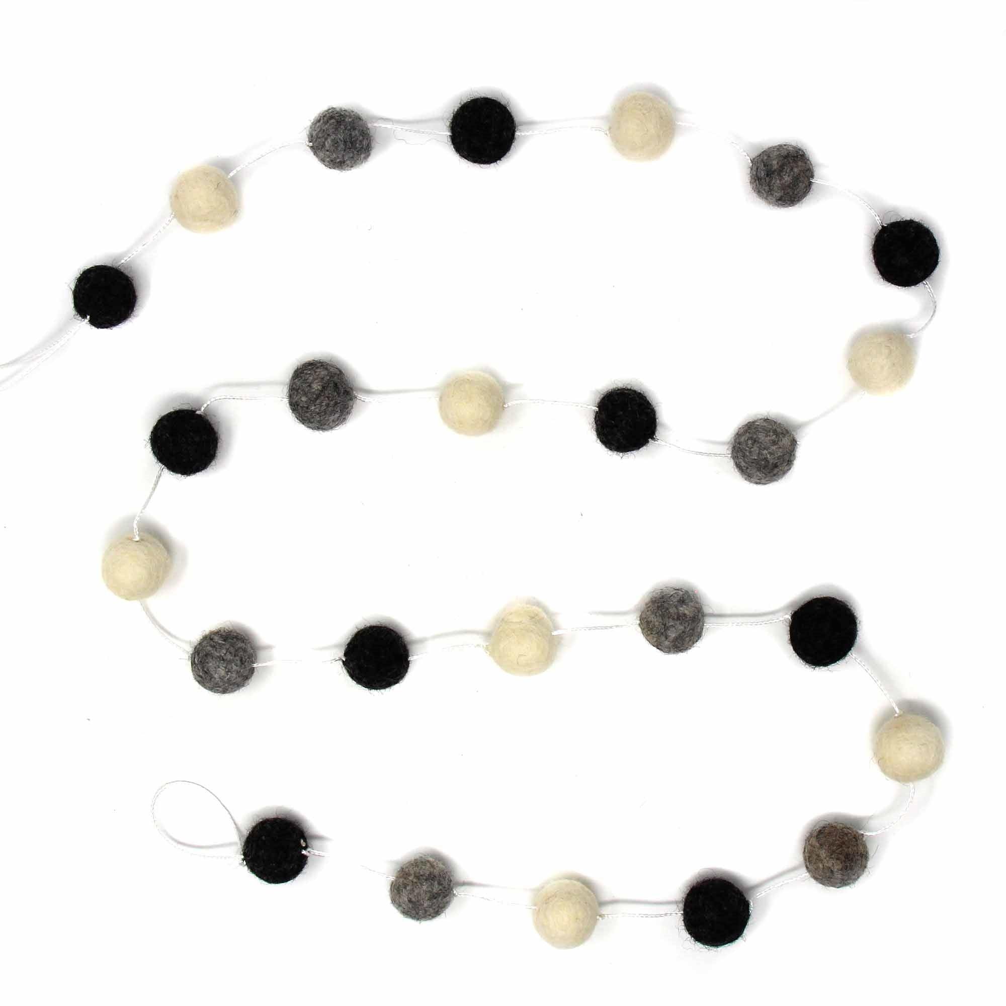 Hand Crafted Felt from Nepal: Pom Pom Garlands, White/Black/Gray - Global Groove Direct