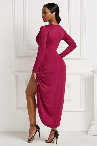 High-low Ruched Surplice Long Sleeve Dress - Trendsi - Flyclothing LLC