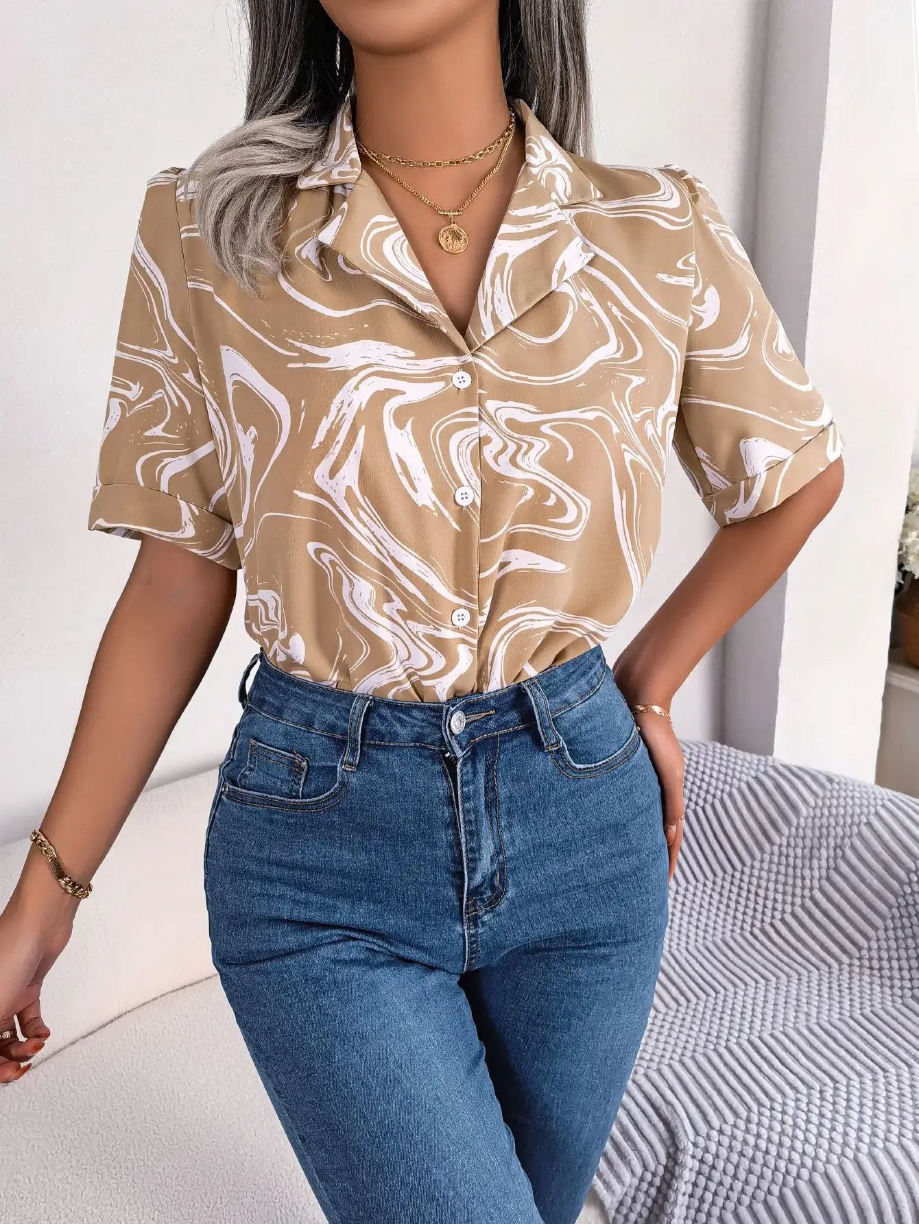 Printed Lapel Collar Shirt - Trendsi - Flyclothing LLC