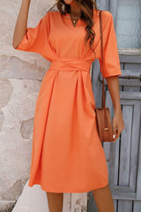 Notched Neck Half Sleeve Midi Dress - Trendsi