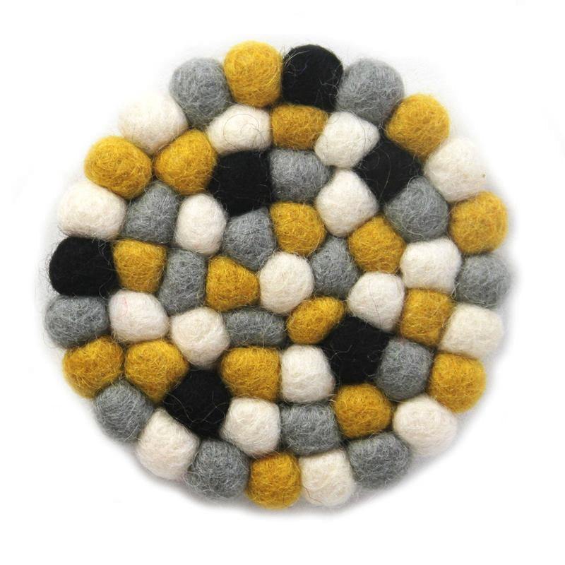 Hand Crafted Felt Ball Coasters from Nepal: 4-pack, Mustard - Global Groove (T) - Global Groove