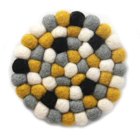 Hand Crafted Felt Ball Coasters from Nepal: 4-pack, Mustard - Global Groove (T) - Global Groove