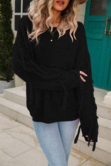 Fringe Round Neck Dropped Shoulder Sweater - Trendsi - Flyclothing LLC
