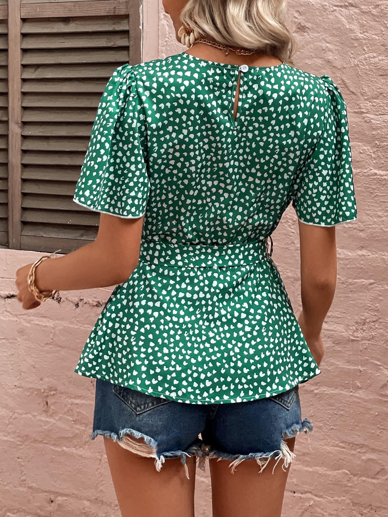 Heart Print Tie Belt Puff Sleeve Blouse - Mid Green / S