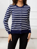 Striped Round Neck Long Sleeve Buttoned Knit Top - Trendsi