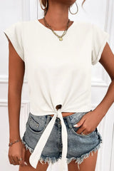Tied Round Neck Crop Tee - Trendsi - Flyclothing LLC