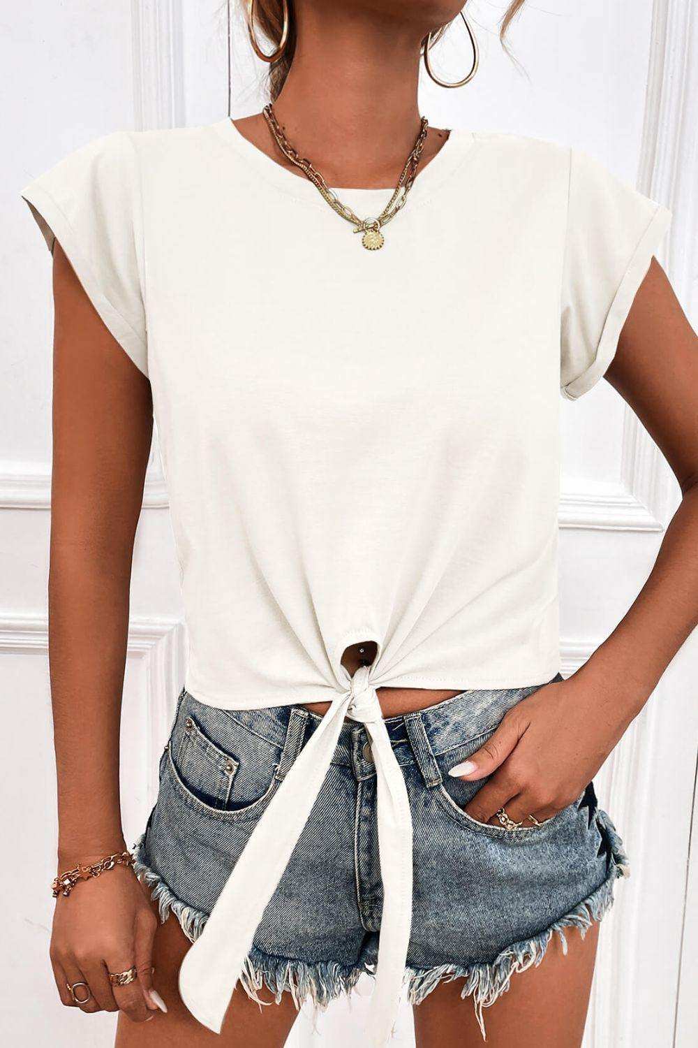 Tied Round Neck Crop Tee - Trendsi - Flyclothing LLC